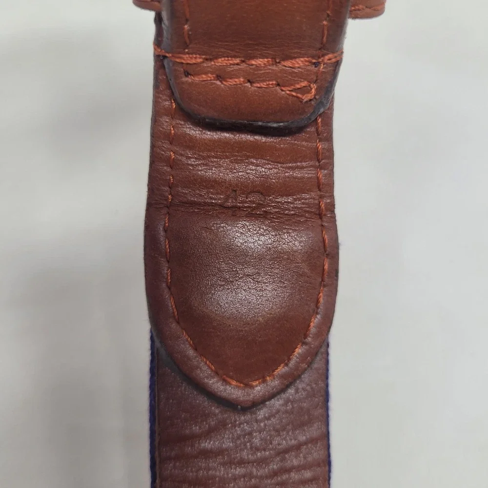 Smathers & Branson Belt 42 Blue Red Shotshells Needlepoint Leather Brass Buckle